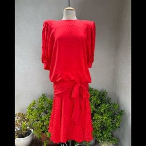 Vintage 80s Dynasty style red hot silk dress big shoulders Sz 6 by Argenti